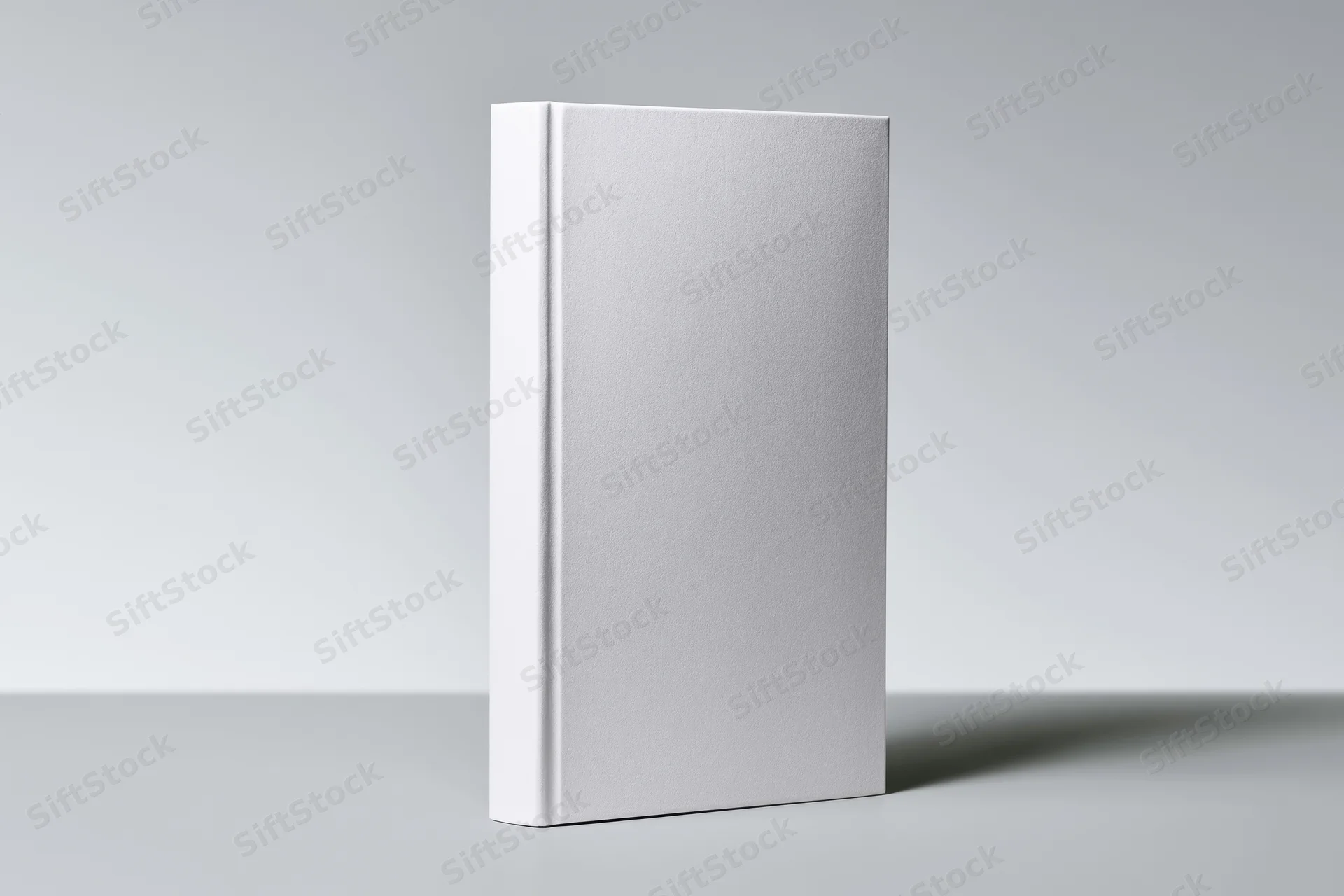Blank white hardcover book standing upright on a flat surface in a studio setting