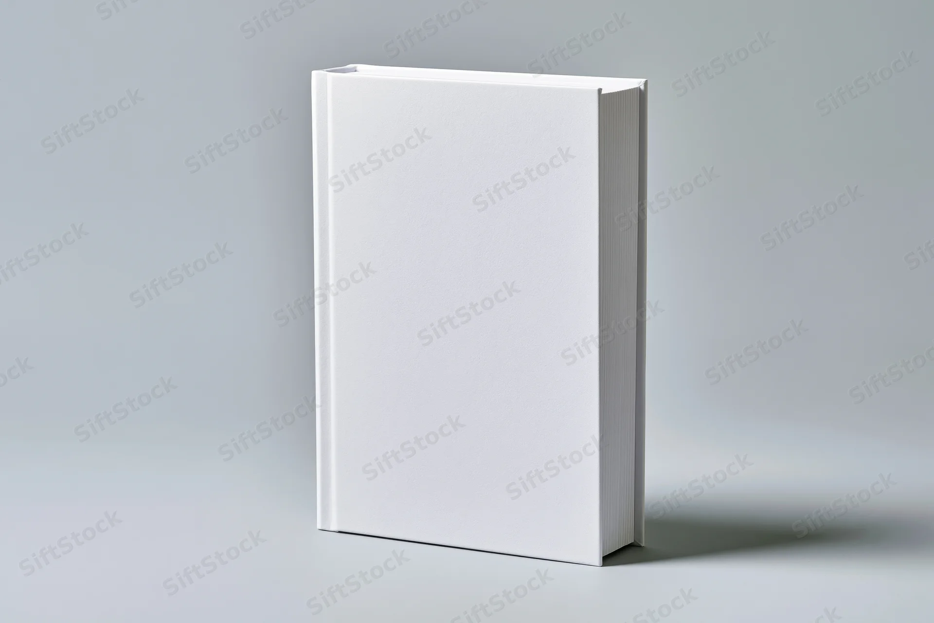 Blank white hardcover book standing upright on a gray surface