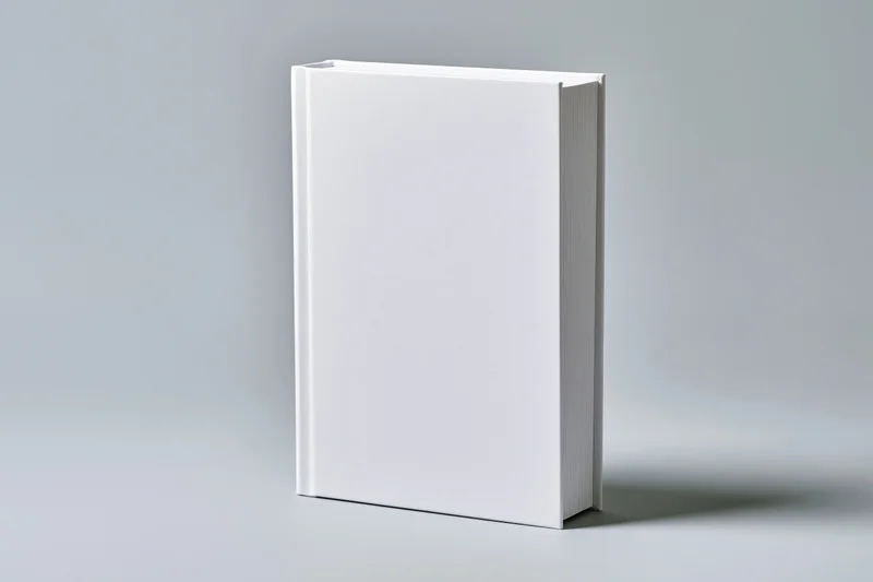Blank white hardcover book standing upright on a gray surface