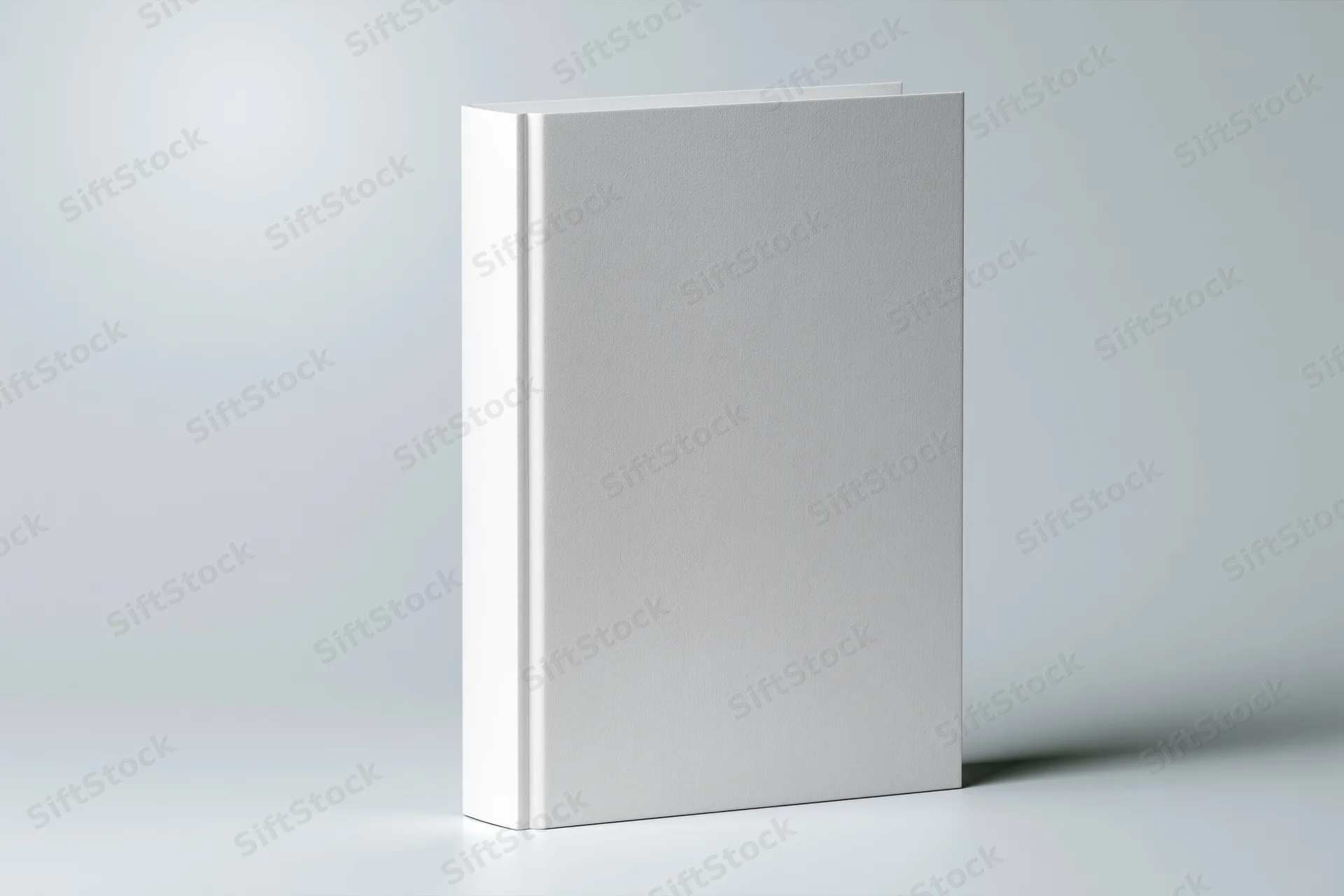 Blank white hardcover book standing upright on a flat surface