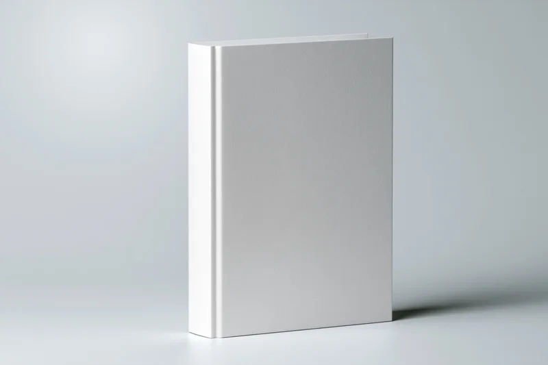 Blank white hardcover book standing upright on a flat surface