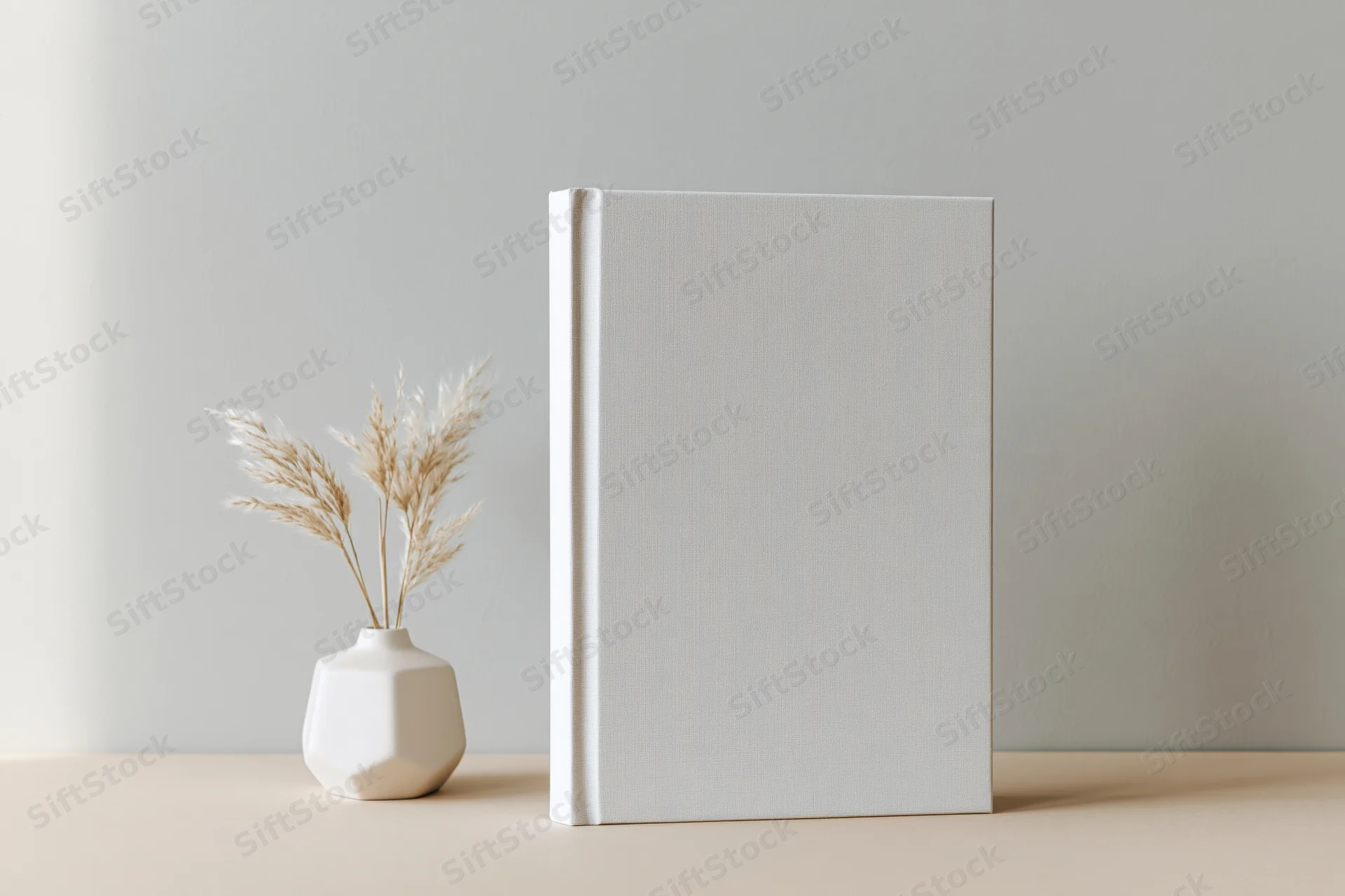 Blank white hardcover book standing upright next to a small vase with dried pampas grass on a beige surface against a light gray wall