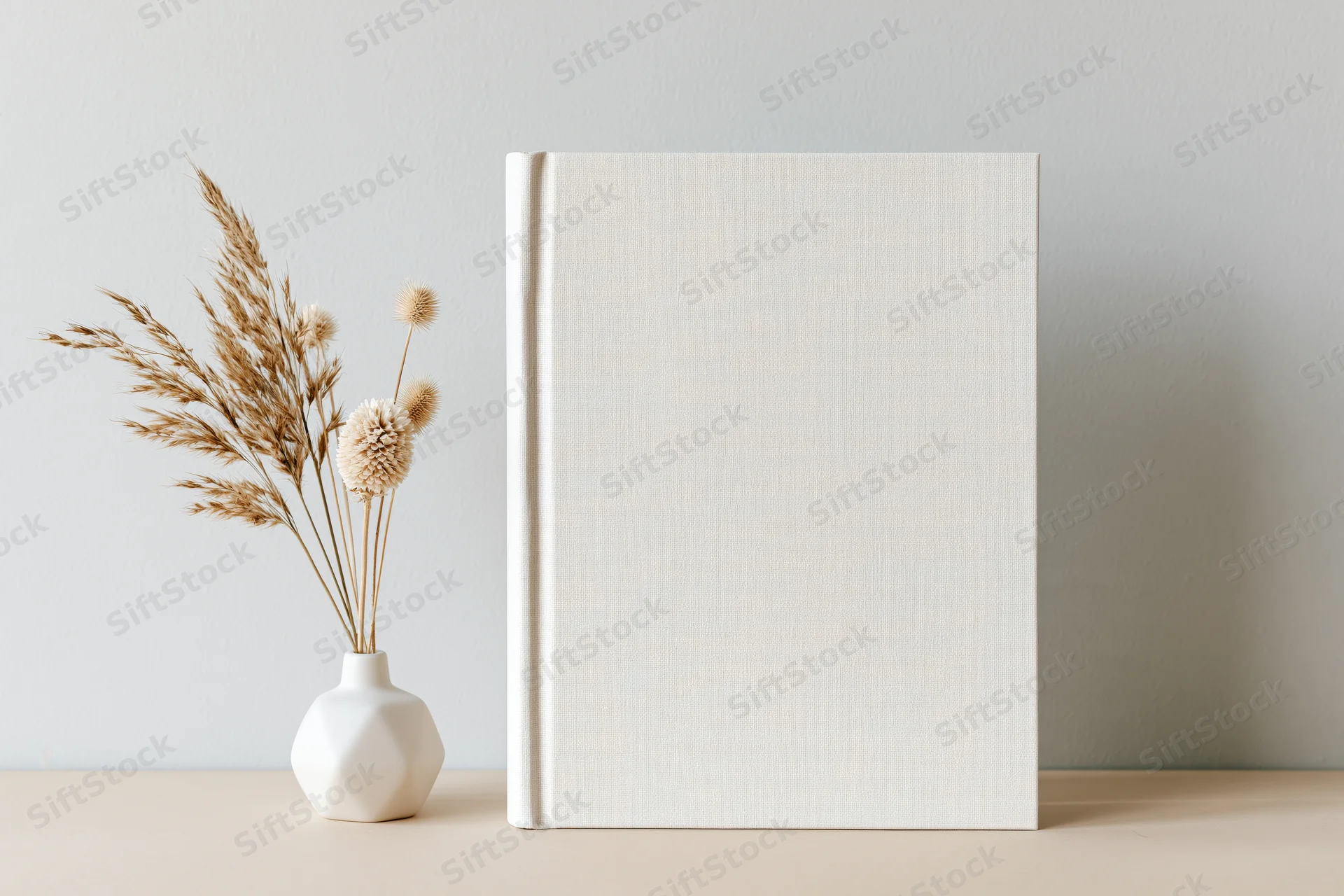 Blank white hardcover book standing upright on a beige surface beside a vase with dried flowers