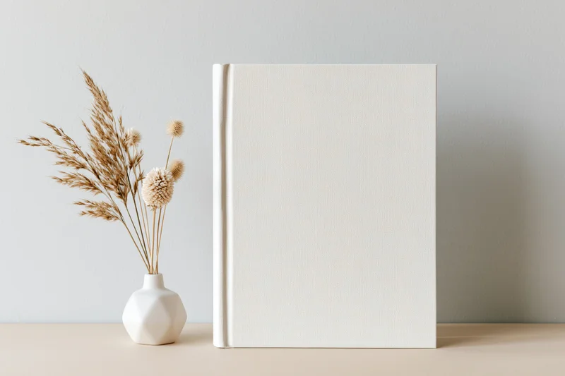 Blank white hardcover book standing upright on a beige surface beside a vase with dried flowers