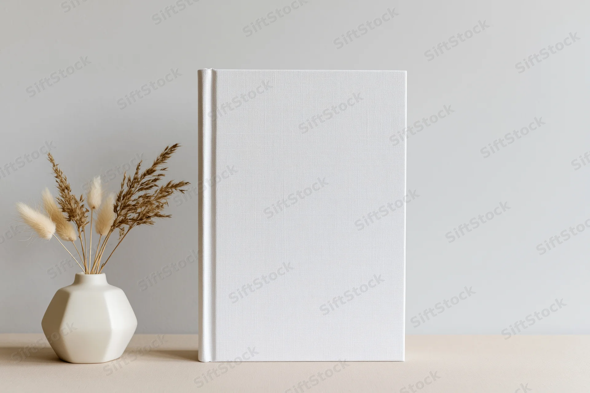 Blank white hardcover book standing upright on beige surface beside small vase with dried pampas grass