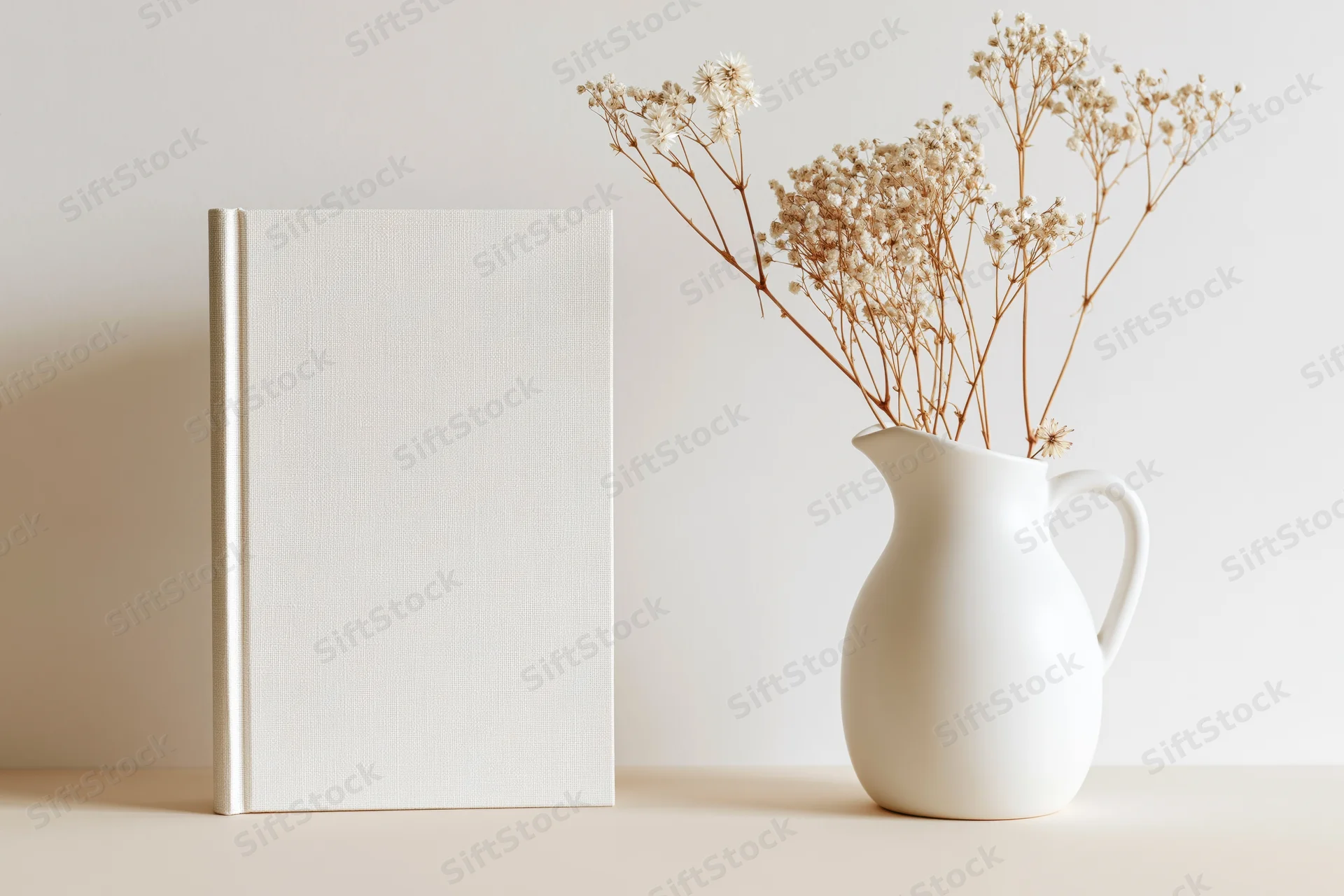 Blank white hardcover book standing next to a white ceramic pitcher with dried baby's-breath flowers on a beige surface