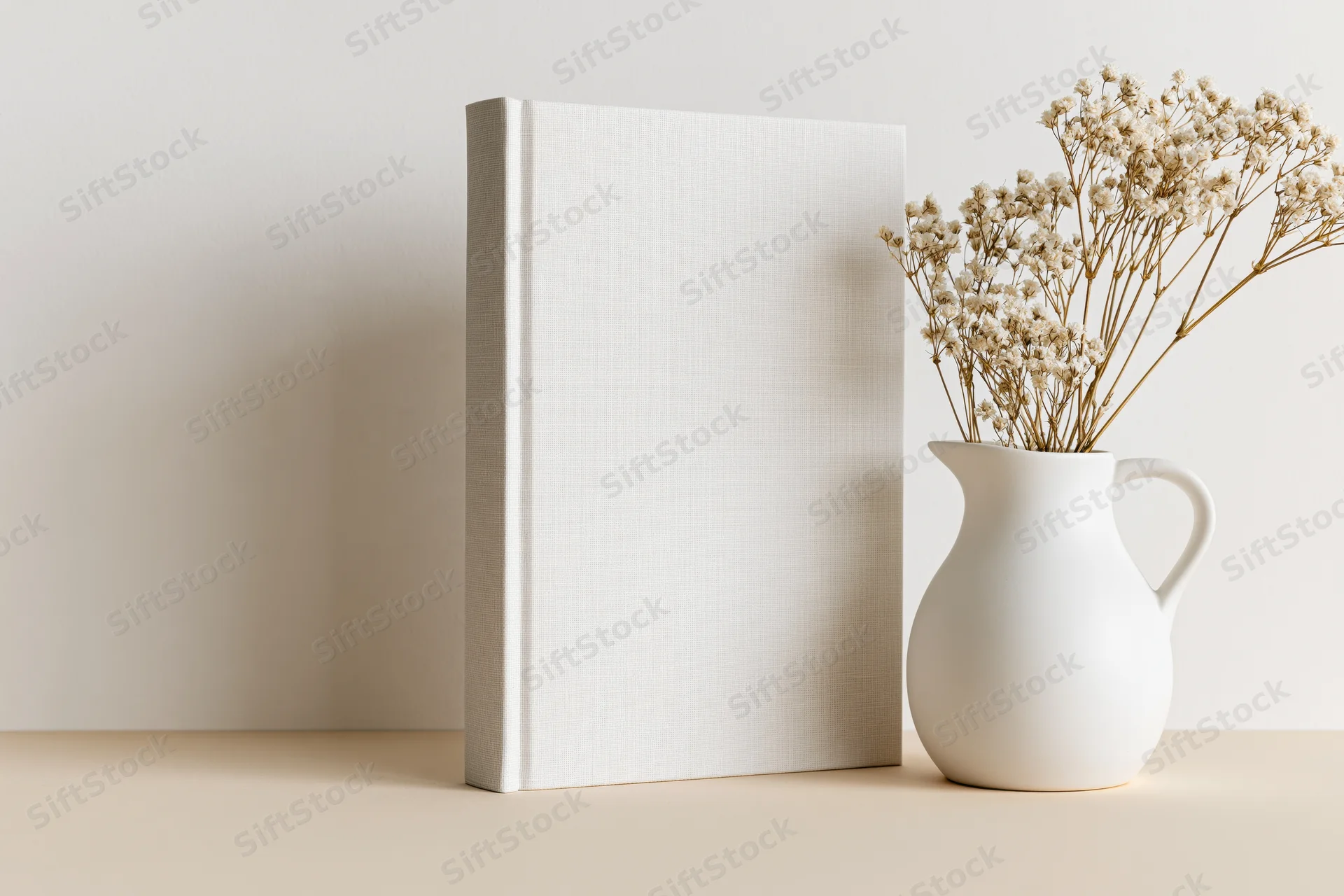 Blank white hardcover book standing upright next to a white ceramic vase with dried gypsophila flowers on a beige surface