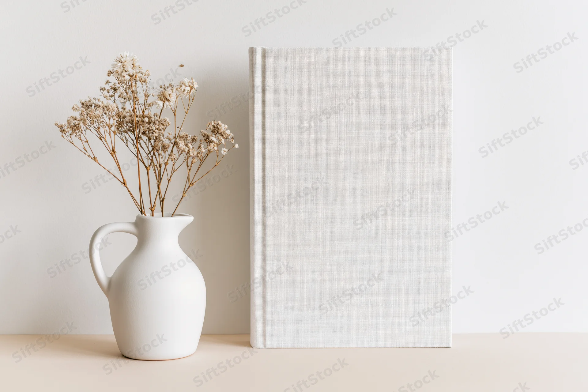 Blank white hardcover book standing upright next to a white ceramic vase with dried flowers on a beige surface