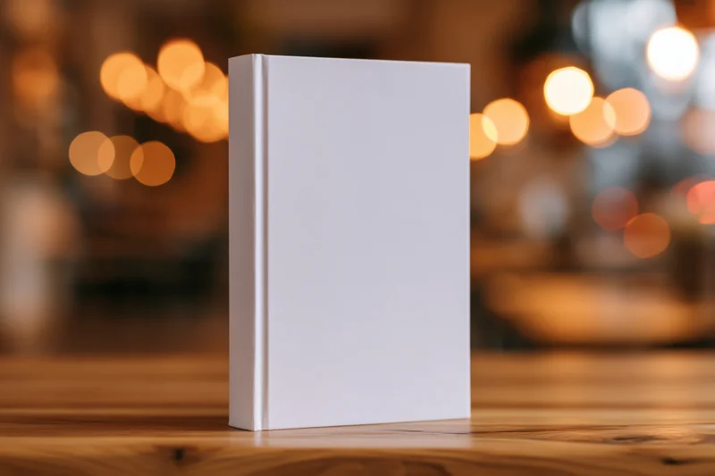 Blank white hardcover book standing upright on a wooden table with blurred warm lights in the background