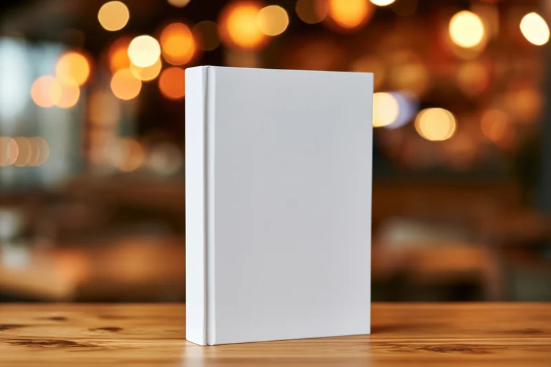Blank white hardcover book standing upright on wooden table in warm ambient-lit cafe interior