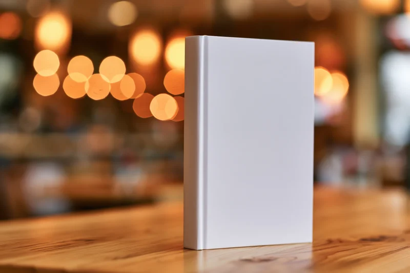 Blank white hardcover book standing upright on wooden table with warm bokeh lights in background