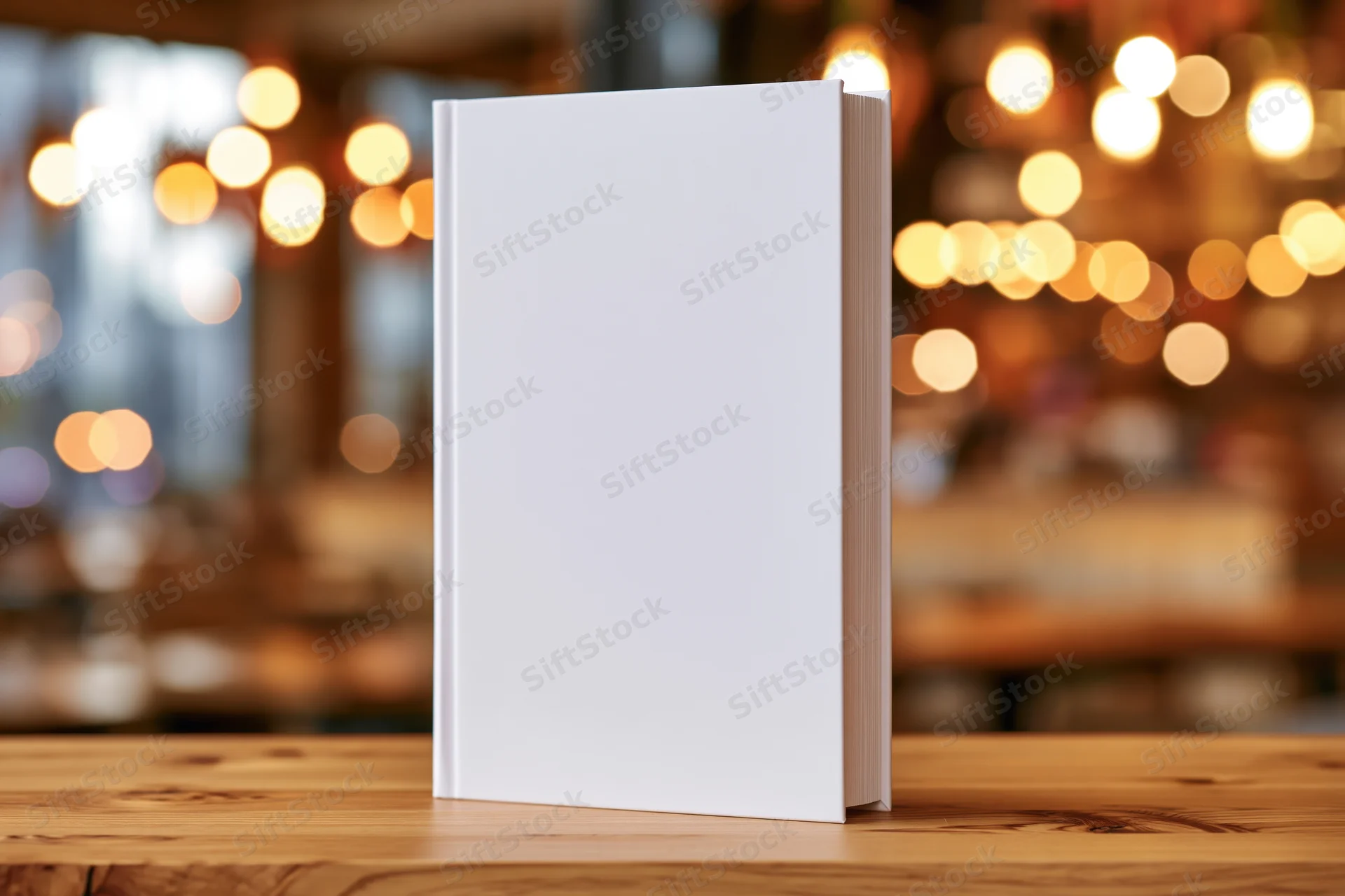 Blank white hardcover book standing upright on wooden table with blurred warm lights in background