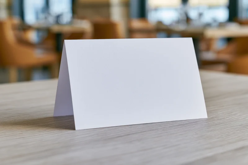Blank white tent card standing on wooden table in restaurant interior