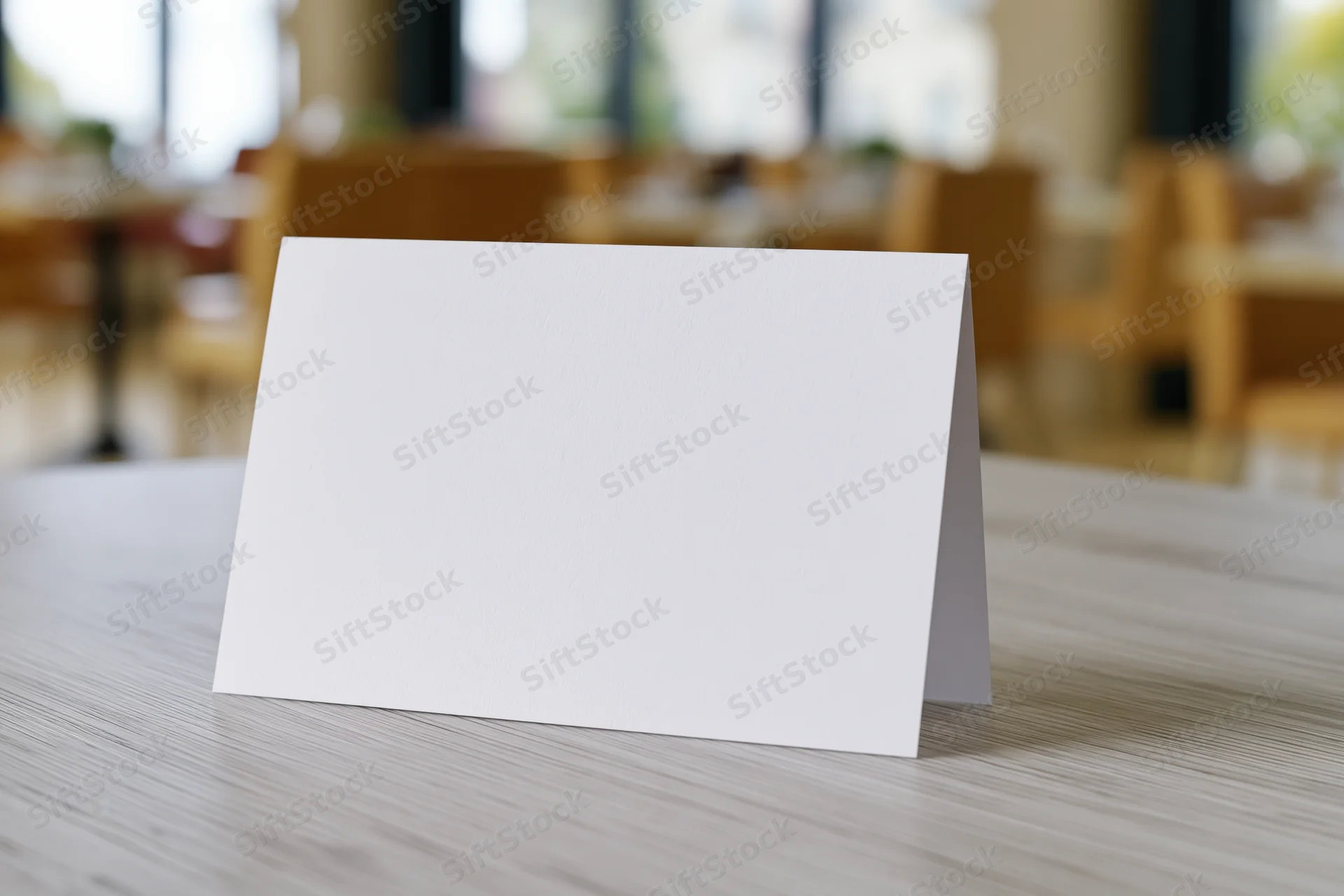 Blank white tent card standing on wooden table in restaurant dining area