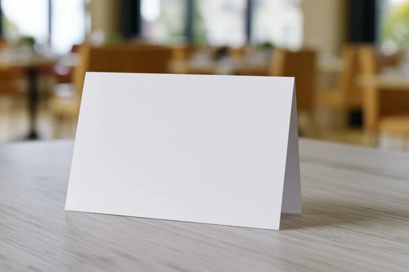 Blank white tent card standing on wooden table in restaurant dining area