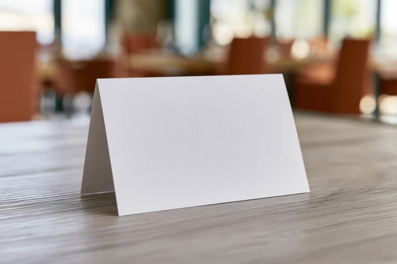 Blank white paper tent card standing on wooden table in restaurant dining area