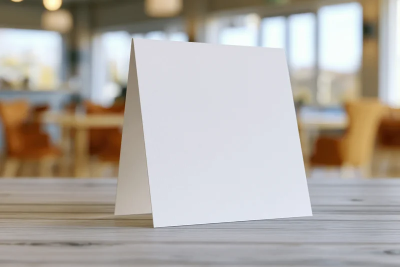 Blank white paper tent card standing upright on wooden table in restaurant dining area