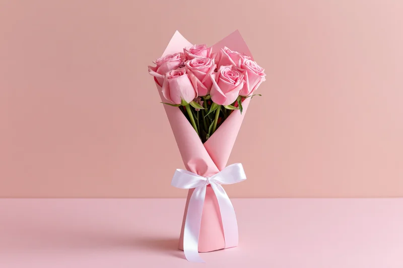 Bouquet of pink roses wrapped in soft pink paper tied with white ribbon on pink surface