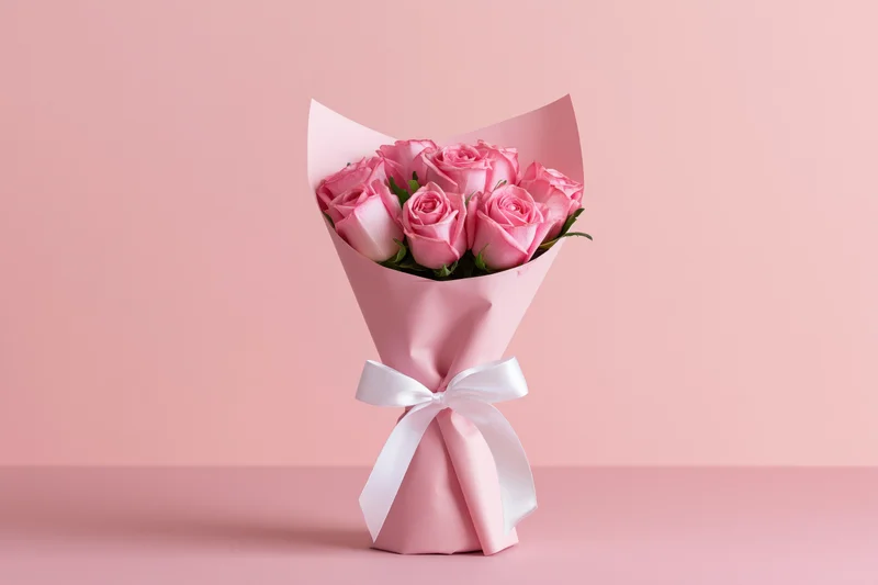 Bouquet of pink roses wrapped in pink paper with white ribbon on pink surface