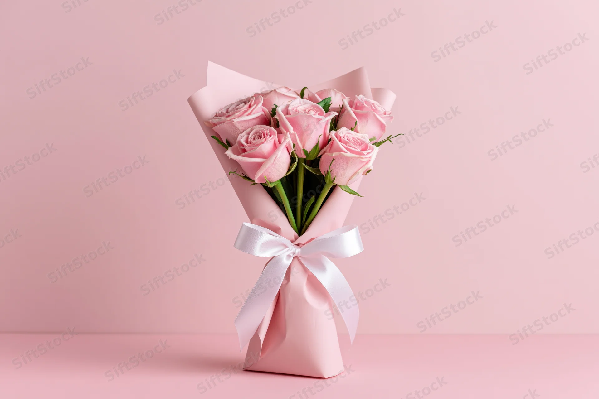 Bouquet of pink roses wrapped in soft pink paper with white ribbon on pink surface