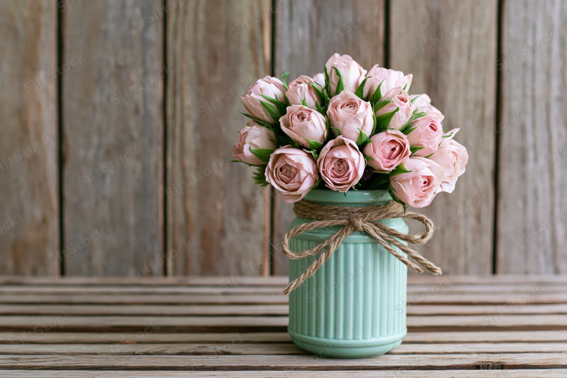 Pale pink roses arranged in a ribbed mint vase tied with twine on a wooden table