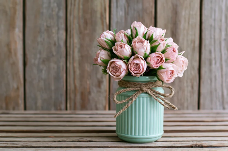 Pale pink roses arranged in a ribbed mint vase tied with twine on a wooden table