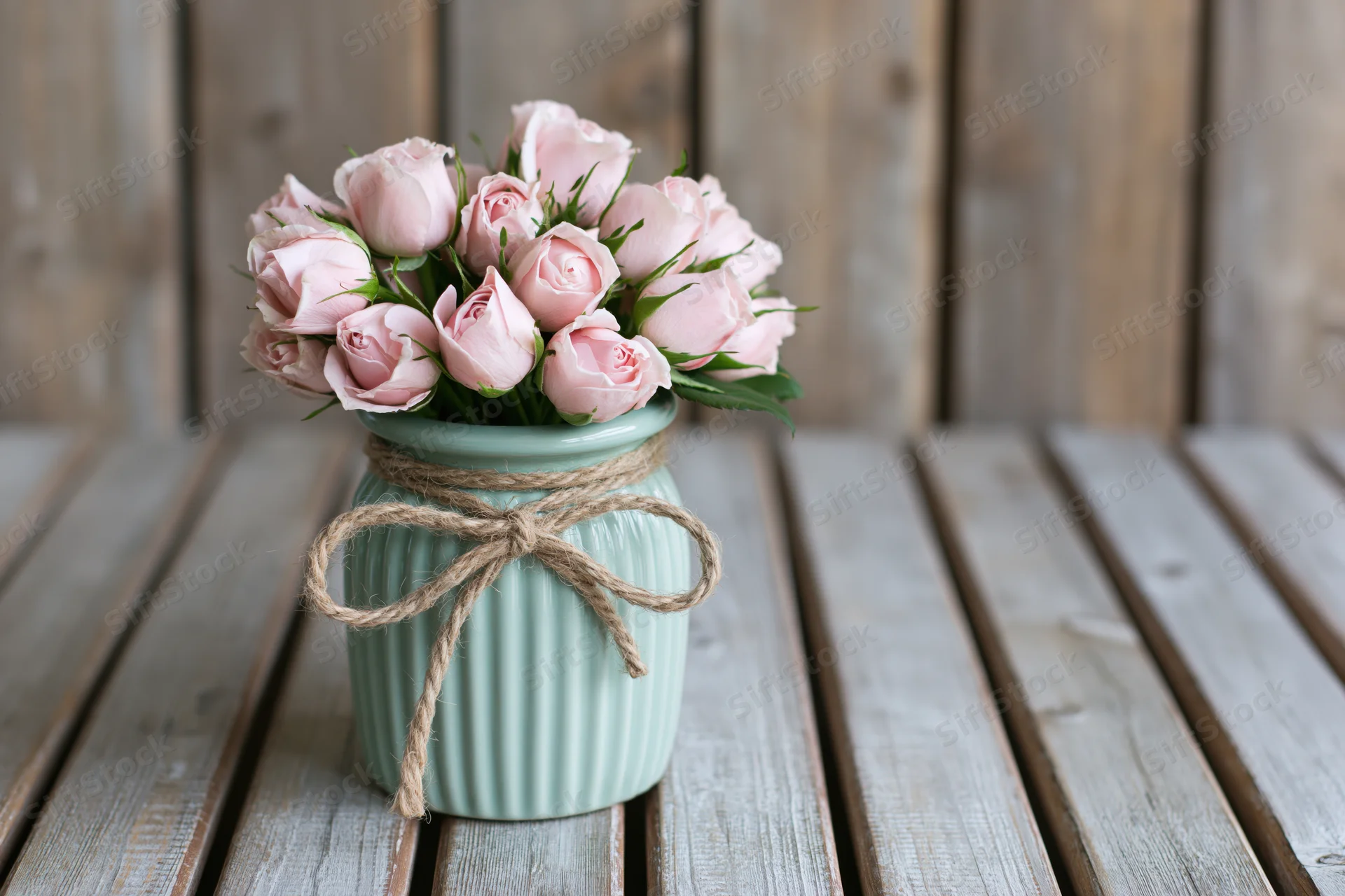 Pale pink rose buds in a ribbed mint vase tied with twine on a weathered wooden table