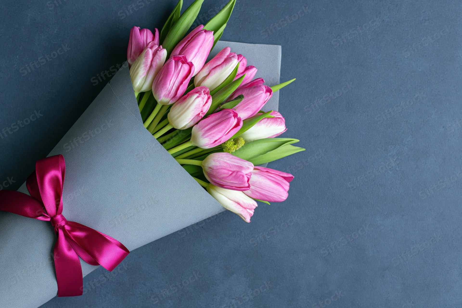 Bouquet of pink and white tulips wrapped in grey paper with pink ribbon on dark surface
