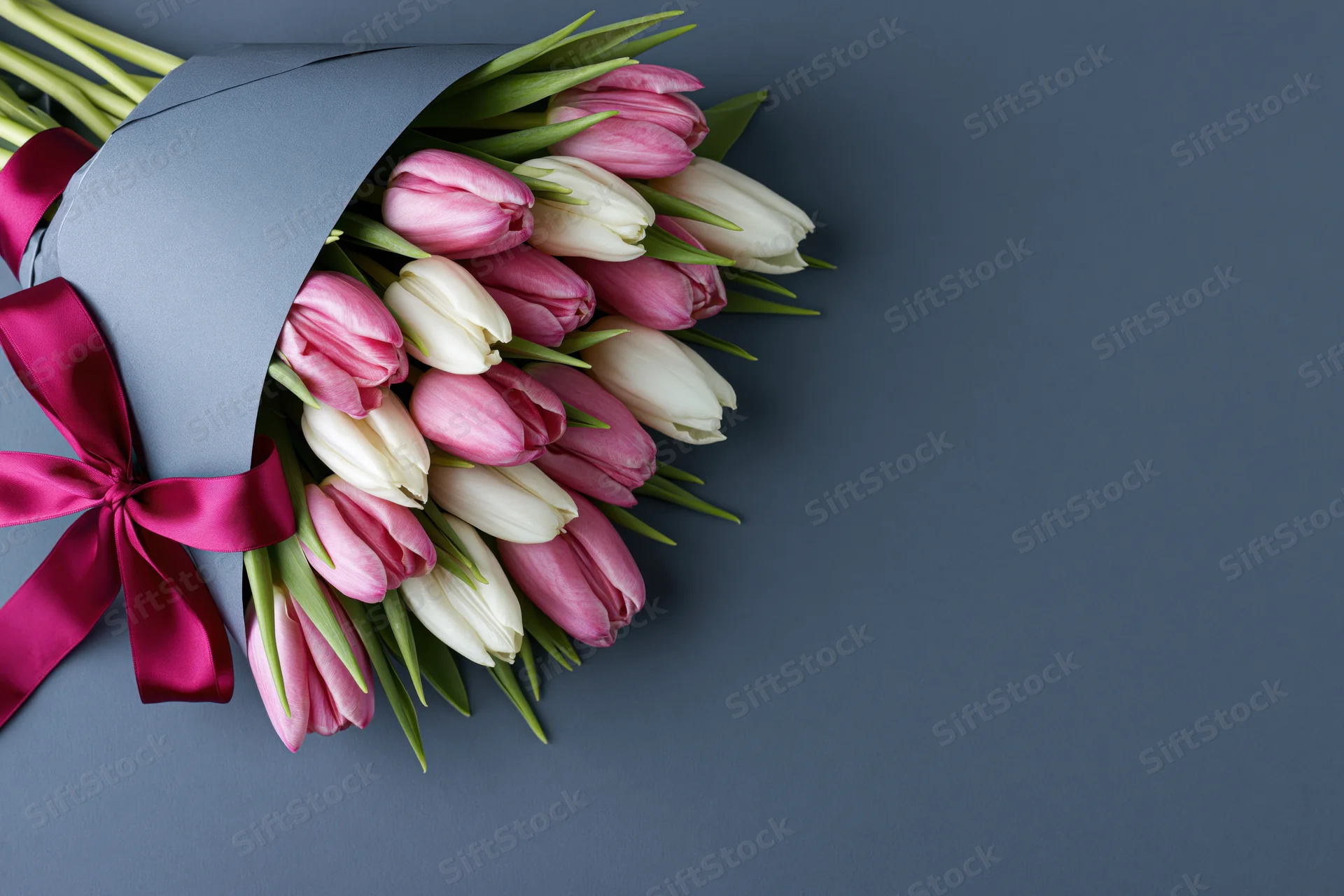 Bouquet of pink and white tulips wrapped in grey paper with red ribbon on dark surface