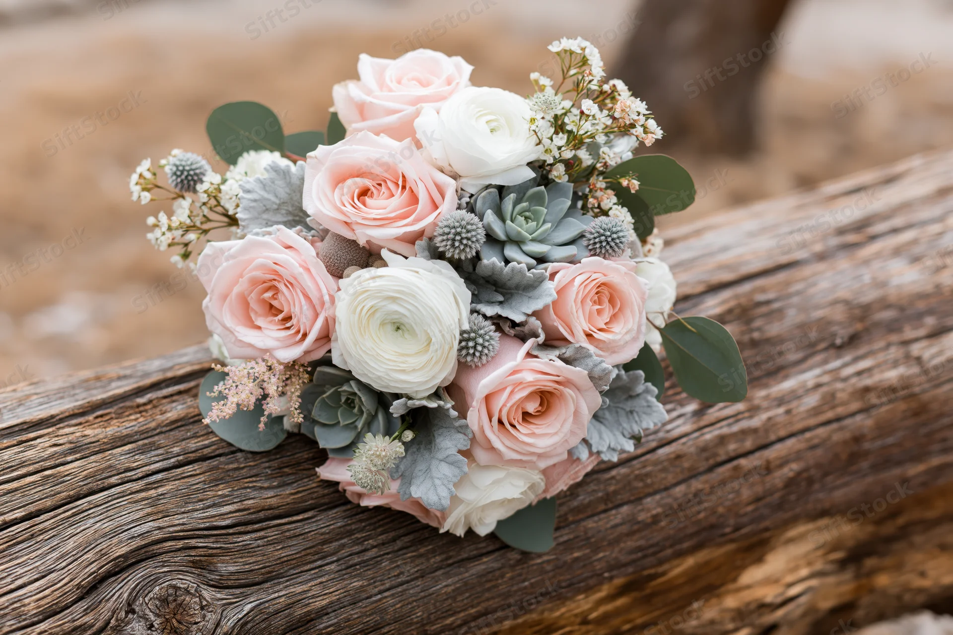 Bridal bouquet with pink roses and succulents resting on a weathered wooden log outdoors