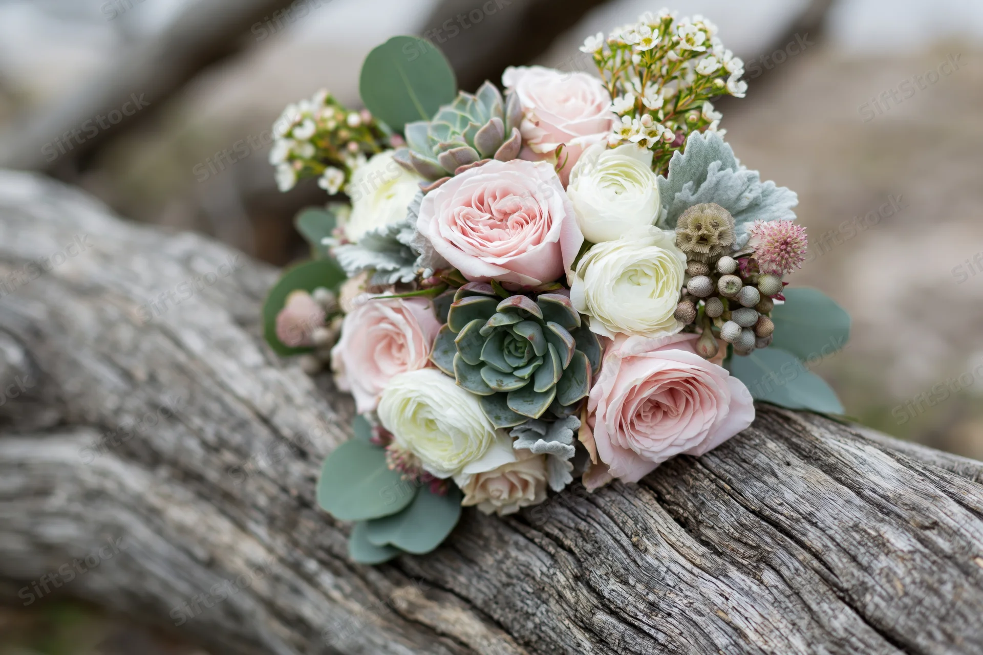 Bridal bouquet with pink roses, succulents and greenery resting on a weathered wooden log outdoors