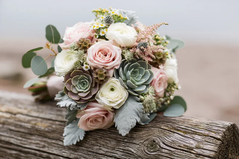 Bridal bouquet with roses and succulents resting on a weathered wooden log outdoors