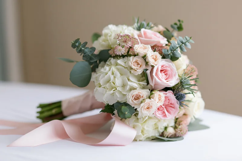 Bridal bouquet with pink roses and white hydrangeas resting on a white surface, tied with a pink ribbon