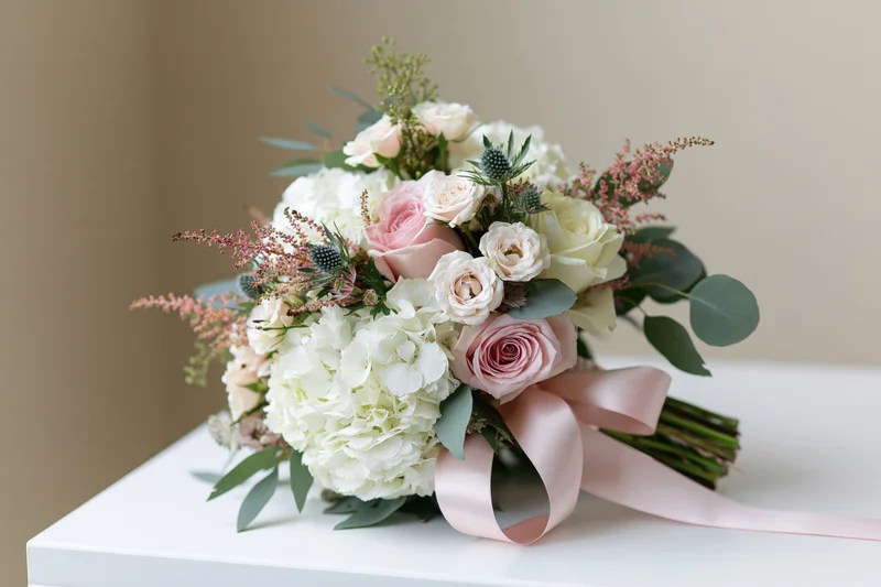 Bridal bouquet with pink roses, white hydrangeas, and greenery arranged on a white surface
