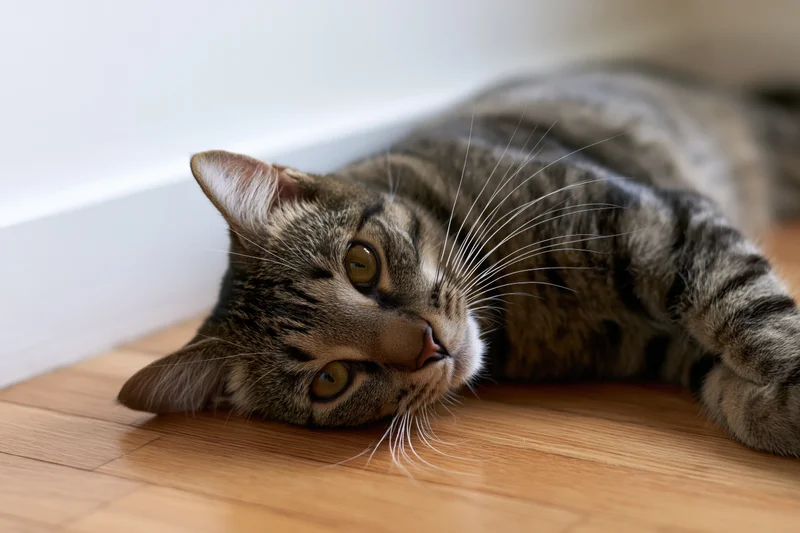 Tabby cat lying on wooden floor indoors