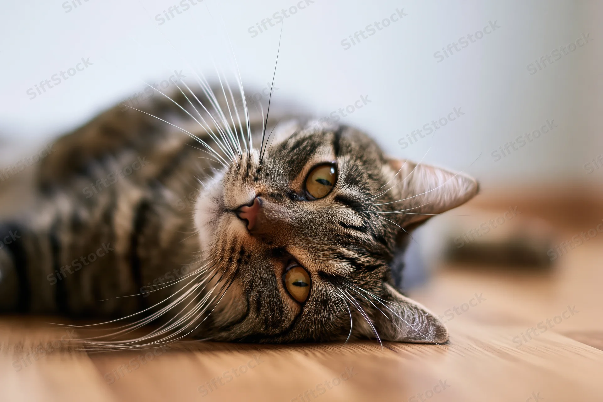 Tabby cat lying on wooden floor with head tilted upward, eyes open and alert