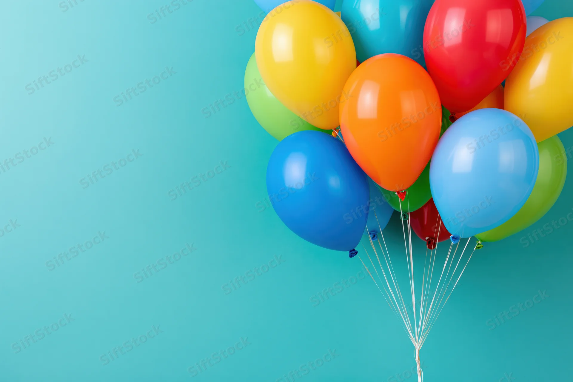 Colorful helium balloons clustered together on a teal background with copyspace