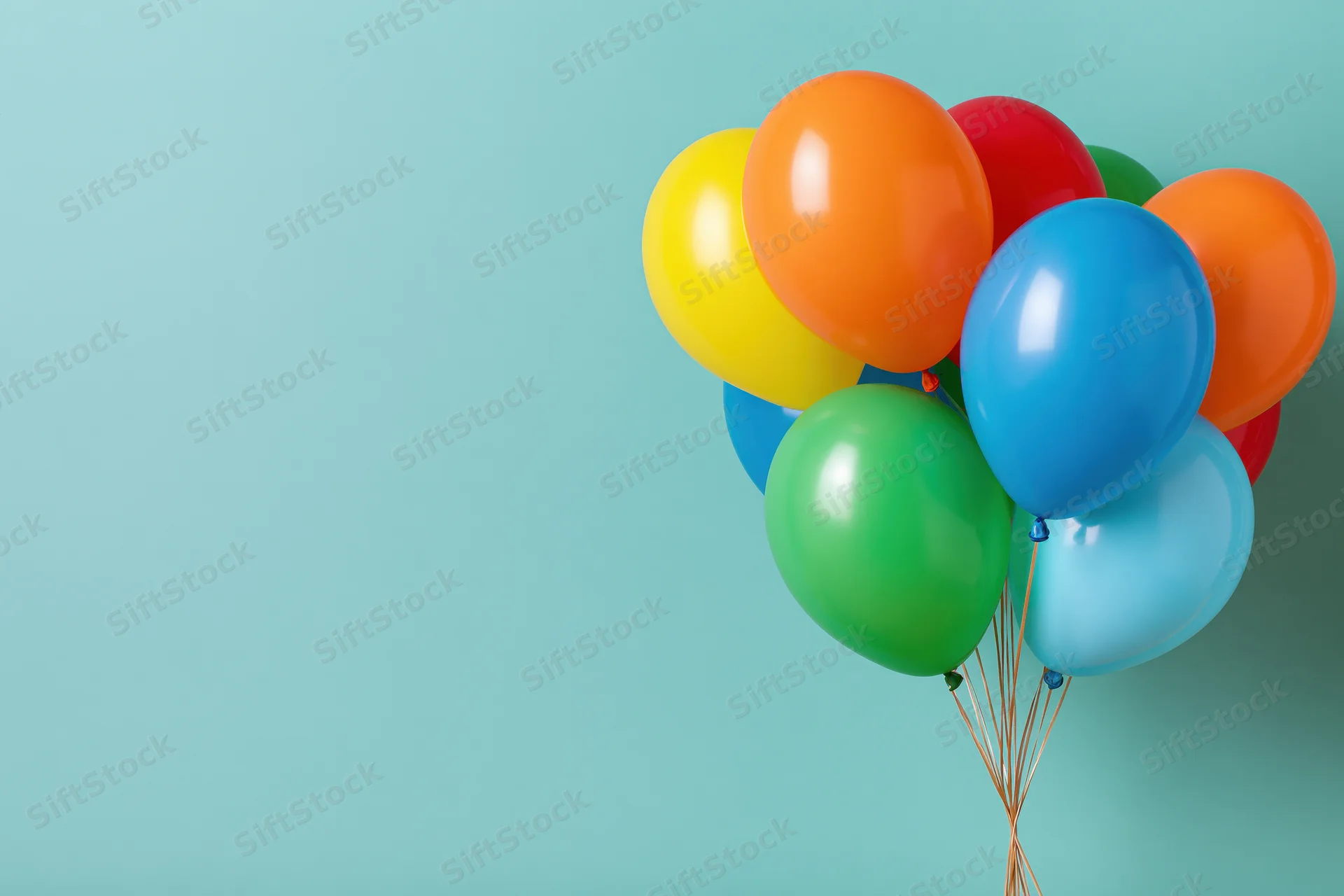 Colorful helium balloons clustered together on a teal background with copyspace