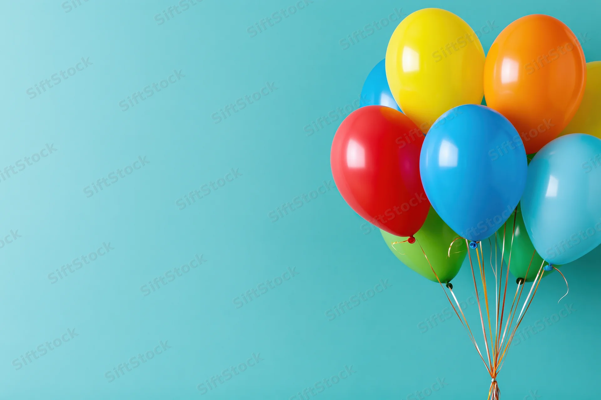 Colorful helium balloons clustered together on a solid blue background with copyspace on the left