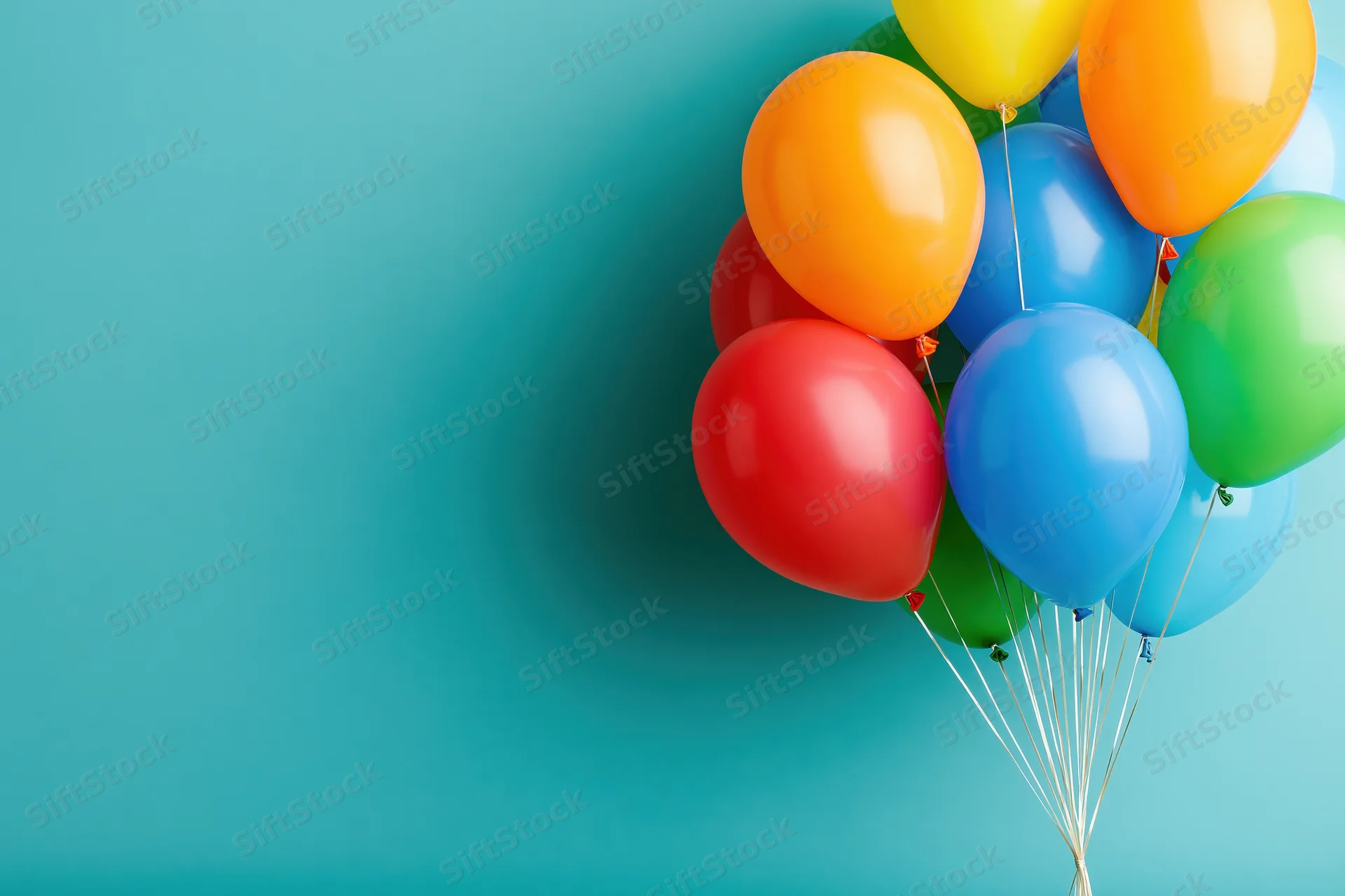 Colorful balloons clustered together on a teal background with copyspace