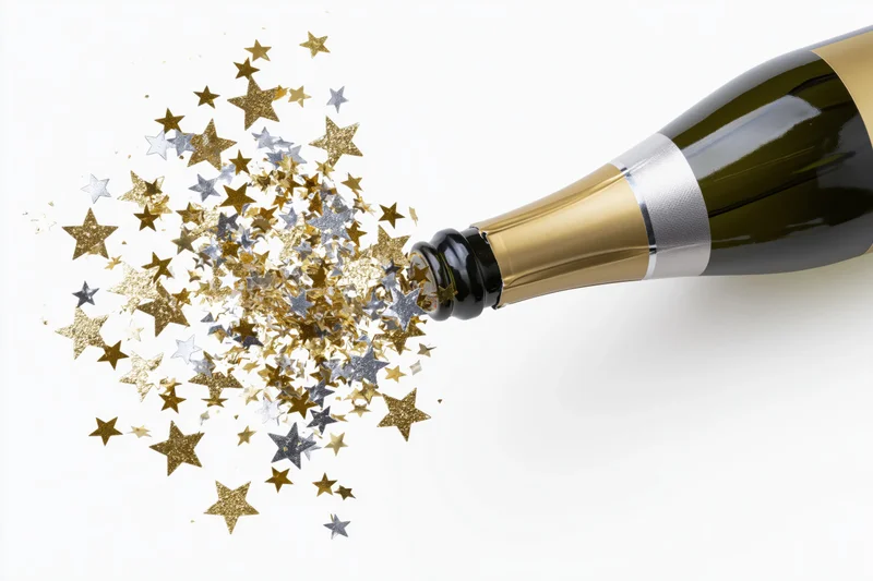 Champagne bottle spraying gold and silver star confetti against white background