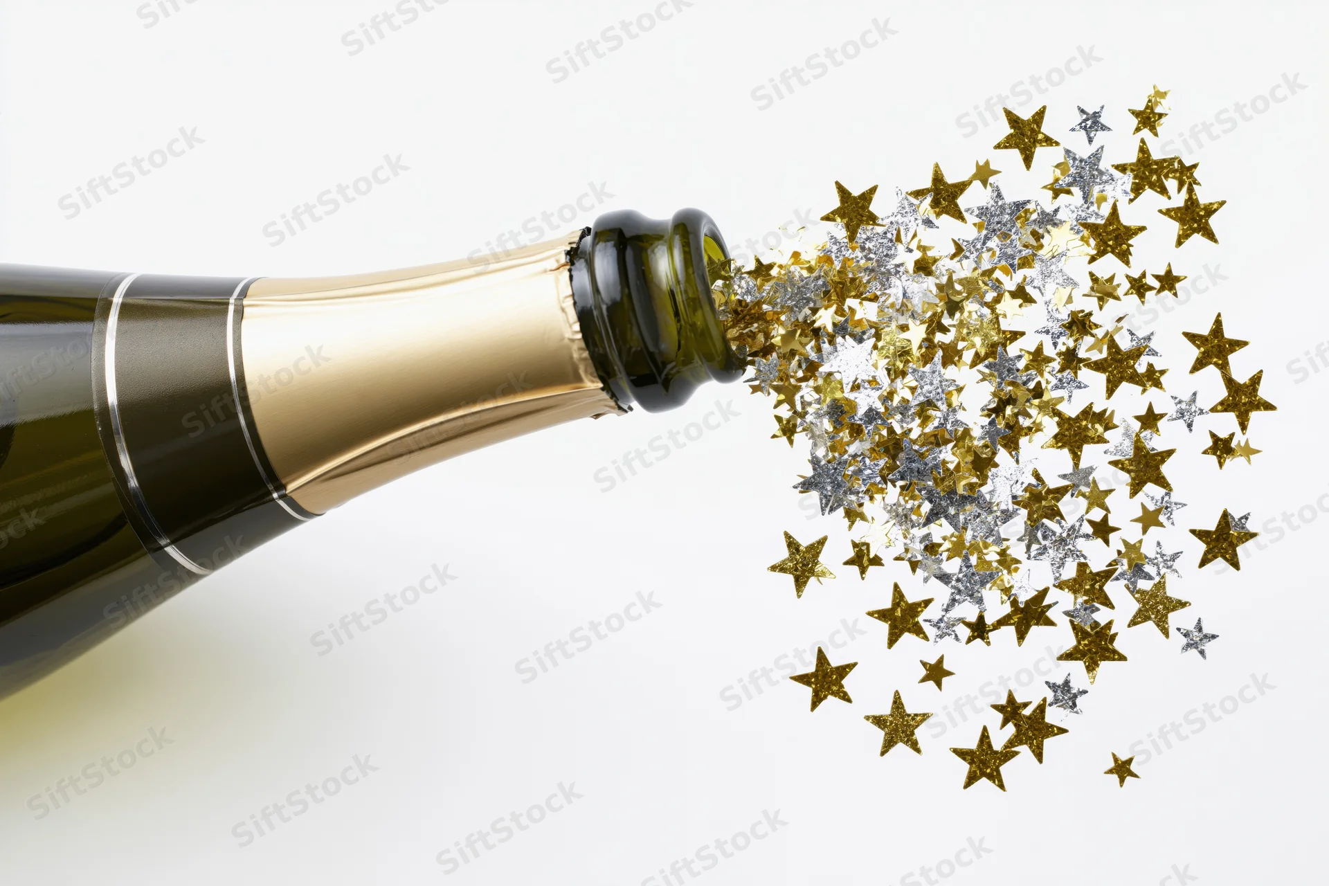 Champagne bottle spraying gold and silver star confetti against white background