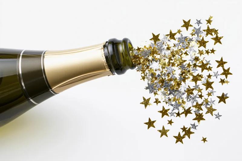 Champagne bottle spraying gold and silver star confetti against white background