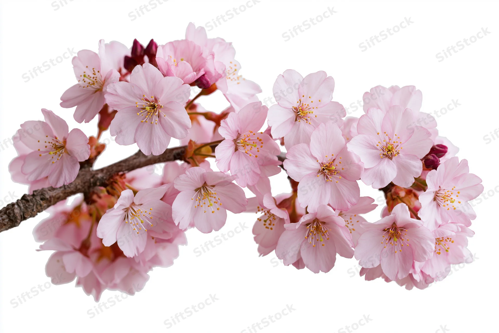 Cherry blossom branch with clusters of soft pink flowers isolated on white