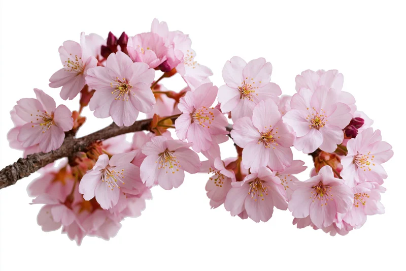 Cherry blossom branch with clusters of soft pink flowers isolated on white
