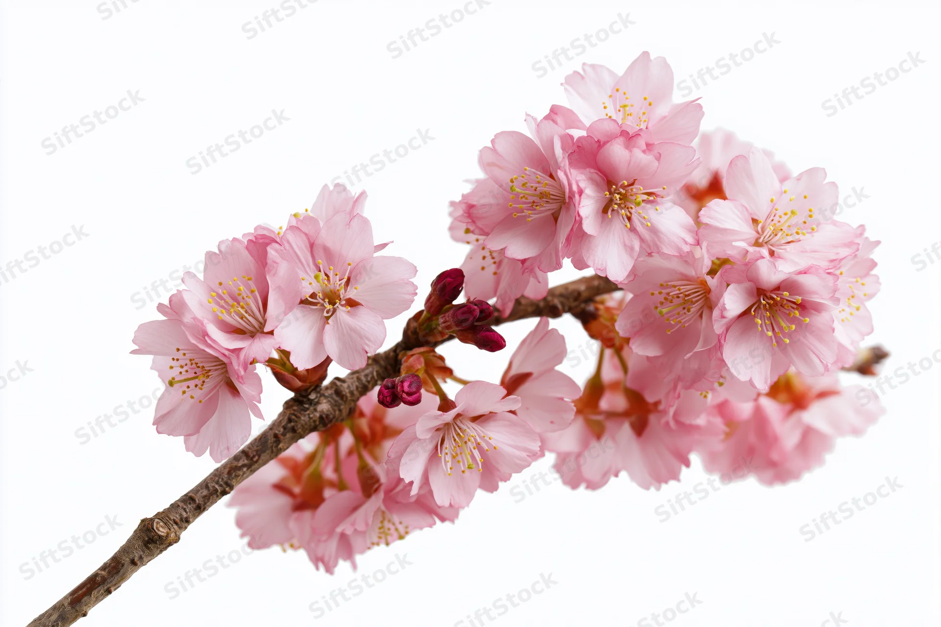 Cherry blossom branch with clusters of soft pink flowers in bloom against white background