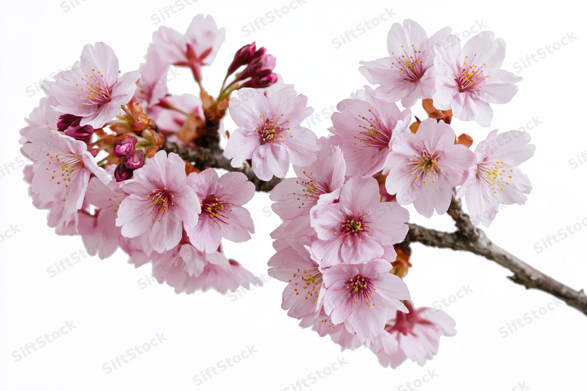 Cherry blossom branch with clusters of soft pink flowers in bloom against white background