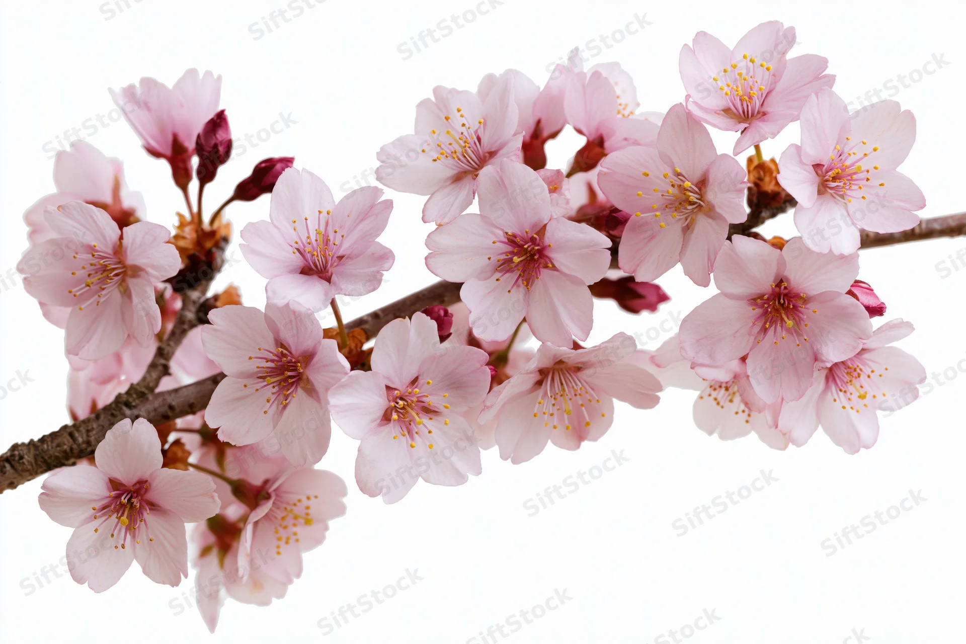 Cherry blossom branch with clusters of soft pink flowers in bloom against white background