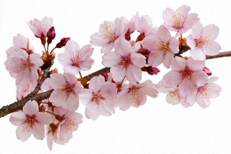 Cherry blossom branch with clusters of soft pink flowers in bloom against white background