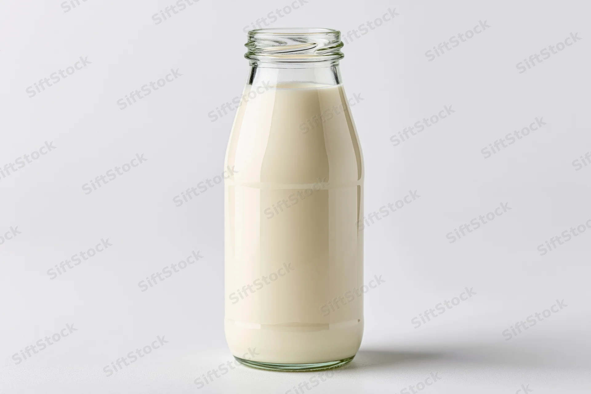 Clear glass bottle filled with fresh whole milk standing on white surface